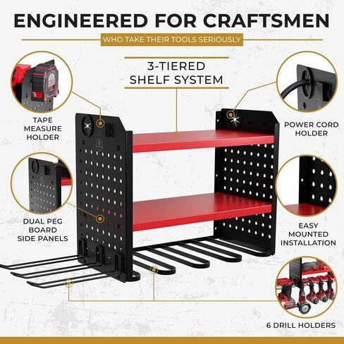 Power Tool Organizer-6 Drill Holder Wall Mount, 3 Tier Heavy-Duty Hand Tool Storage Rack, Utility Racks, Drill Holder, 2 Pegboard Sides - Garage Storage Cordless Tool Organizer (Red) in Saudi Arabia