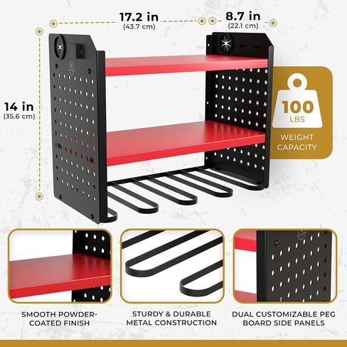 Power Tool Organizer-6 Drill Holder Wall Mount, 3 Tier Heavy-Duty Hand Tool Storage Rack, Utility Racks, Drill Holder, 2 Pegboard Sides - Garage Storage Cordless Tool Organizer (Red) in Saudi Arabia