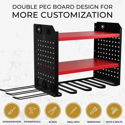 Power Tool Organizer-6 Drill Holder Wall Mount, 3 Tier Heavy-Duty Hand Tool Storage Rack, Utility Racks, Drill Holder, 2 Pegboard Sides - Garage Storage Cordless Tool Organizer (Red) in Saudi Arabia