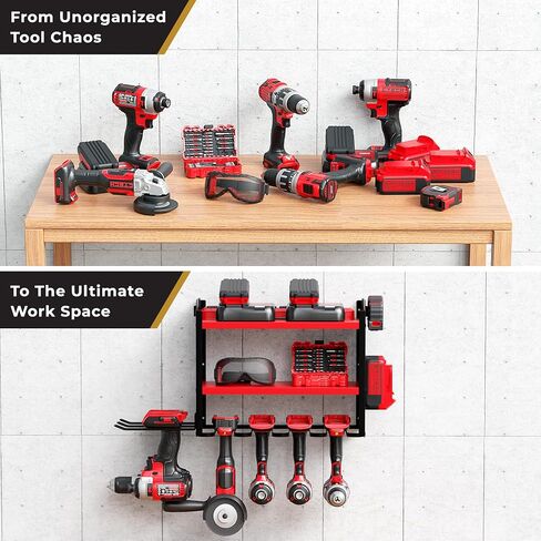 Power Tool Organizer-6 Drill Holder Wall Mount, 3 Tier Heavy-Duty Hand Tool Storage Rack, Utility Racks, Drill Holder, 2 Pegboard Sides - Garage Storage Cordless Tool Organizer (Red) in Saudi Arabia