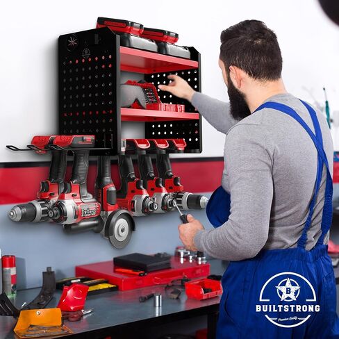 Power Tool Organizer-6 Drill Holder Wall Mount, 3 Tier Heavy-Duty Hand Tool Storage Rack, Utility Racks, Drill Holder, 2 Pegboard Sides - Garage Storage Cordless Tool Organizer (Red) in Saudi Arabia