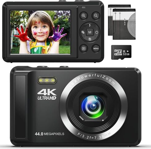كاميرا رقمية 4K صغيرة الحجم بدقة 44 ميجابكسل مع تكبير رقمي 16x وبطاريتين، وكابل USB مع بطاقة TF سعة 32 جيجابايت، للمبتدئين والبالغين والمراهقين والأطفال in Saudi Arabia