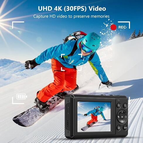 كاميرا رقمية 4K صغيرة الحجم بدقة 44 ميجابكسل مع تكبير رقمي 16x وبطاريتين، وكابل USB مع بطاقة TF سعة 32 جيجابايت، للمبتدئين والبالغين والمراهقين والأطفال in Saudi Arabia