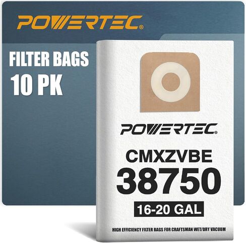 POWERTEC CMXZVBE38750 Vacuum Bags for Craftsman 38750 10PK, for Craftsman CMXEVBE 17595, 17607, 18595, 18695, 17596, 17656, 16 to 20 Gallon Replacement Dust Collection Bags, Shop Vacuum Bags(75069-P5) in Saudi Arabia