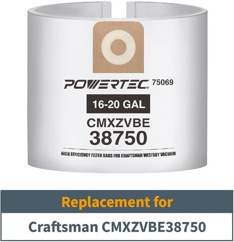 POWERTEC CMXZVBE38750 Vacuum Bags for Craftsman 38750 10PK, for Craftsman CMXEVBE 17595, 17607, 18595, 18695, 17596, 17656, 16 to 20 Gallon Replacement Dust Collection Bags, Shop Vacuum Bags(75069-P5) in Saudi Arabia