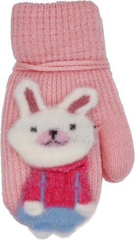 Toddler Girls Boys Rabbit Winter Warm Knit Mittens with String Bunny Kids Baby Soft Thick Fleece Lined Gloves in Kuwait