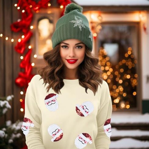 UNIQUEONE Womens Christmas Sweatshirt Sequin Santa Shirt Cute Chirstmas Graphic Tees Chirstmas Crewneck Long Sleeve Tops in Kuwait