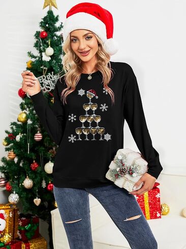 UNIQUEONE Womens Christmas Sweatshirt Sequin Santa Shirt Cute Chirstmas Graphic Tees Chirstmas Crewneck Long Sleeve Tops in Kuwait