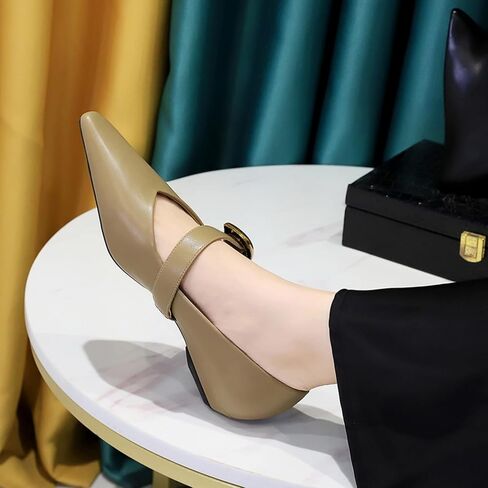 Women's 1 Inch Pointy Toe Mary Janes Flats One Strap Buckle Cute Leather Ballet Flat Shoes for Women Low Heeled Wedge Slip On Solid Work Flats Dress Comfortable in Saudi Arabia