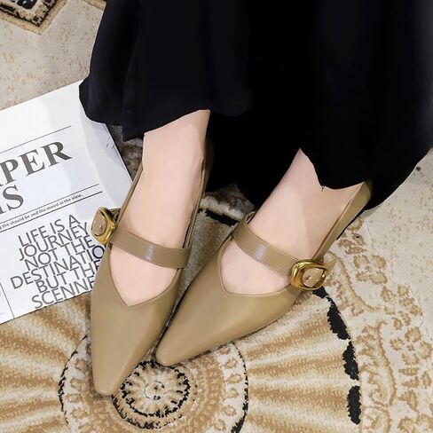 Women's 1 Inch Pointy Toe Mary Janes Flats One Strap Buckle Cute Leather Ballet Flat Shoes for Women Low Heeled Wedge Slip On Solid Work Flats Dress Comfortable in Saudi Arabia