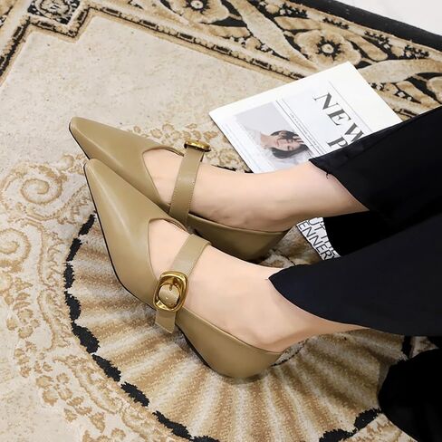 Women's 1 Inch Pointy Toe Mary Janes Flats One Strap Buckle Cute Leather Ballet Flat Shoes for Women Low Heeled Wedge Slip On Solid Work Flats Dress Comfortable in Saudi Arabia