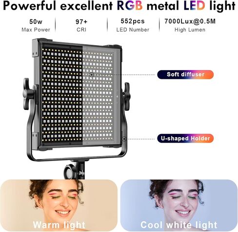 إضاءة فيديو LED بكسل RGB، مصابيح استوديو 50 وات مع جهاز تحكم عن بعد، مجموعة إضاءة التصوير الفوتوغرافي 2600K-10000K، لوحة إضاءة LED مع وظيفة الذاكرة، 552 قطعة خرز، 360 درجة لون كامل/9 مشاهد قابلة للتطبيق in Kuwait