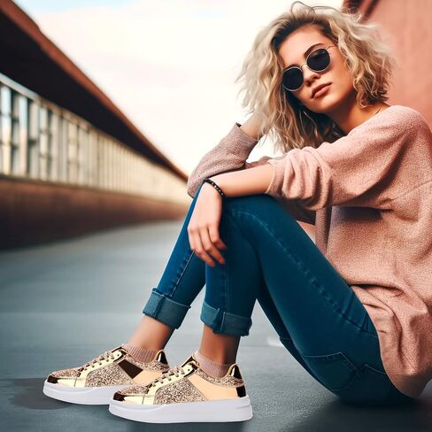 KUNWFNIX Women's Glitter Tennis Sneakers Dressy Sparkly Shiny Sequin Shoes Platform Lace up Casual Walking Bling Glitter Fashion Sneaker in Kuwait