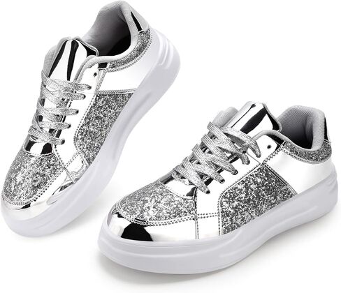 KUNWFNIX Women's Glitter Tennis Sneakers Dressy Sparkly Shiny Sequin Shoes Platform Lace up Casual Walking Bling Glitter Fashion Sneaker in Kuwait
