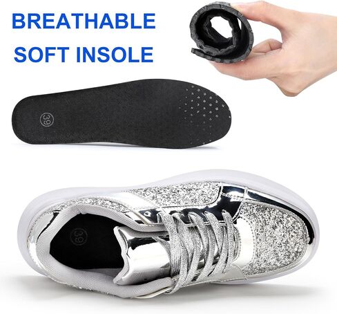 KUNWFNIX Women's Glitter Tennis Sneakers Dressy Sparkly Shiny Sequin Shoes Platform Lace up Casual Walking Bling Glitter Fashion Sneaker in Kuwait