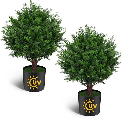 Artificial Set of 2 Cedar Topiary Ball Trees for Outdoors with Ground Spike, UV Resistant Faux Cypress Plants into Anywhere, Evergreen Shrubs Bushes for Room Front Porch Garden Backyard Decor in Saudi Arabia