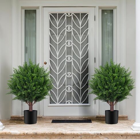 Artificial Set of 2 Cedar Topiary Ball Trees for Outdoors with Ground Spike, UV Resistant Faux Cypress Plants into Anywhere, Evergreen Shrubs Bushes for Room Front Porch Garden Backyard Decor in Saudi Arabia