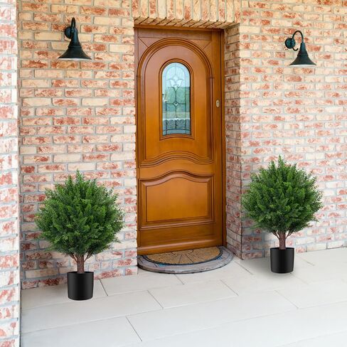 Artificial Set of 2 Cedar Topiary Ball Trees for Outdoors with Ground Spike, UV Resistant Faux Cypress Plants into Anywhere, Evergreen Shrubs Bushes for Room Front Porch Garden Backyard Decor in Saudi Arabia