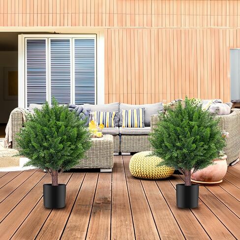 Artificial Set of 2 Cedar Topiary Ball Trees for Outdoors with Ground Spike, UV Resistant Faux Cypress Plants into Anywhere, Evergreen Shrubs Bushes for Room Front Porch Garden Backyard Decor in Saudi Arabia