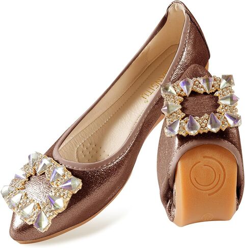 Women Ballet Flats Buckle Rhinestone Wedding Ballerina Shoes Foldable Sparkly Comfort Slip on Flat Shoes in Kuwait