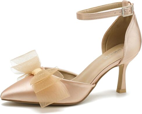 LIURUIJIA نسائي مغلق عند الأصابع وكعب على شكل فيونكة وحزام الكاحل ومقدمة مدببة من الساتان وكعب منخفض مريح لحفلات الزفاف وحفلات الزفاف والحفلات الراقصة in Kuwait