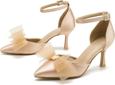 LIURUIJIA نسائي مغلق عند الأصابع وكعب على شكل فيونكة وحزام الكاحل ومقدمة مدببة من الساتان وكعب منخفض مريح لحفلات الزفاف وحفلات الزفاف والحفلات الراقصة in Kuwait