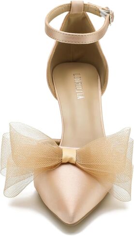 LIURUIJIA نسائي مغلق عند الأصابع وكعب على شكل فيونكة وحزام الكاحل ومقدمة مدببة من الساتان وكعب منخفض مريح لحفلات الزفاف وحفلات الزفاف والحفلات الراقصة in Kuwait