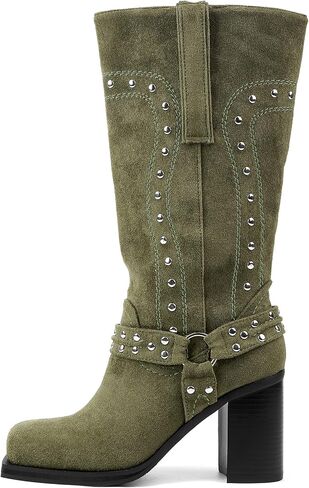 Women's Mid Calf Boots Motorcycle Biker Boots Studded Buckle Square Toe Pull On Block Heeled Booties Fashion Suede Riding Shoes for Women in Saudi Arabia