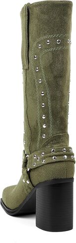 Women's Mid Calf Boots Motorcycle Biker Boots Studded Buckle Square Toe Pull On Block Heeled Booties Fashion Suede Riding Shoes for Women in Saudi Arabia