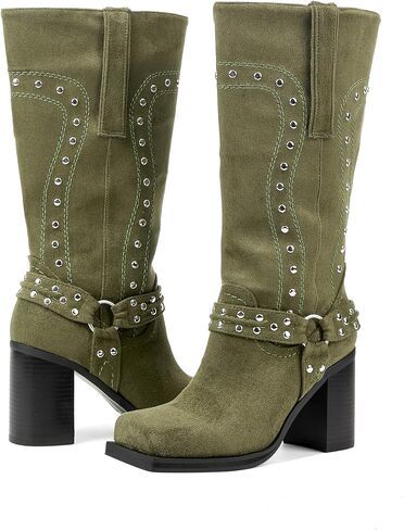 Women's Mid Calf Boots Motorcycle Biker Boots Studded Buckle Square Toe Pull On Block Heeled Booties Fashion Suede Riding Shoes for Women in Saudi Arabia