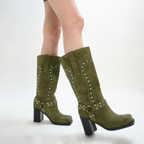 Women's Mid Calf Boots Motorcycle Biker Boots Studded Buckle Square Toe Pull On Block Heeled Booties Fashion Suede Riding Shoes for Women in Saudi Arabia