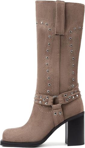 Women's Mid Calf Boots Motorcycle Biker Boots Studded Buckle Square Toe Pull On Block Heeled Booties Fashion Suede Riding Shoes for Women in Saudi Arabia