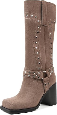 Women's Mid Calf Boots Motorcycle Biker Boots Studded Buckle Square Toe Pull On Block Heeled Booties Fashion Suede Riding Shoes for Women in Saudi Arabia