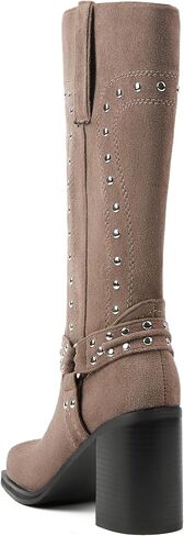 Women's Mid Calf Boots Motorcycle Biker Boots Studded Buckle Square Toe Pull On Block Heeled Booties Fashion Suede Riding Shoes for Women in Saudi Arabia