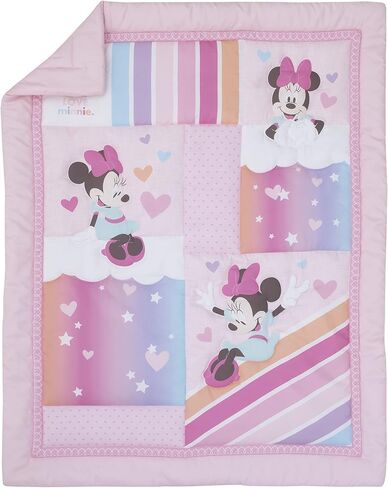 Disney Minnie Mouse Be Happy Pink, Lavender, Aqua & Orange 3Piece Crib Bedding Set - Comforter, Fitted Crib Sheet & Bed Skirt, Pink, Lavender, Aqua, Orange in Saudi Arabia