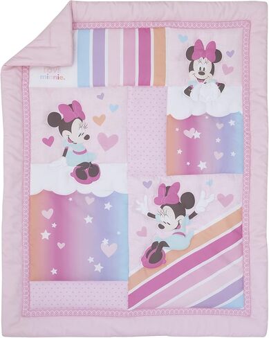 Disney Minnie Mouse Be Happy Pink, Lavender, Aqua & Orange 3Piece Crib Bedding Set - Comforter, Fitted Crib Sheet & Bed Skirt, Pink, Lavender, Aqua, Orange in Saudi Arabia