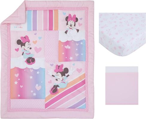 Disney Minnie Mouse Be Happy Pink, Lavender, Aqua & Orange 3Piece Crib Bedding Set - Comforter, Fitted Crib Sheet & Bed Skirt, Pink, Lavender, Aqua, Orange in Saudi Arabia