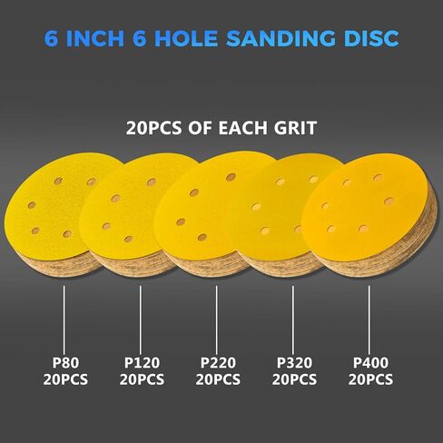 50 قطعة 60 حبيبة AOZHONG 6 بوصات 6 فتحات أقراص صنفرة من أكسيد الألومنيوم، خطاف وحلقة، قرص صنفرة ذهبي لصنفرة مدارية عشوائية in Kuwait