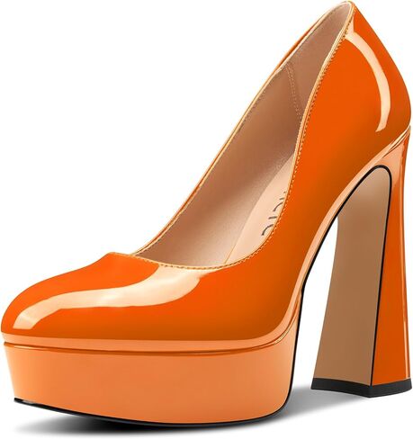 Castamere Womens Chunky Block High Platform Heel Round Toe Pumps Slip-on Office Dress Patent Leather 5.5 Inches Heels in Kuwait