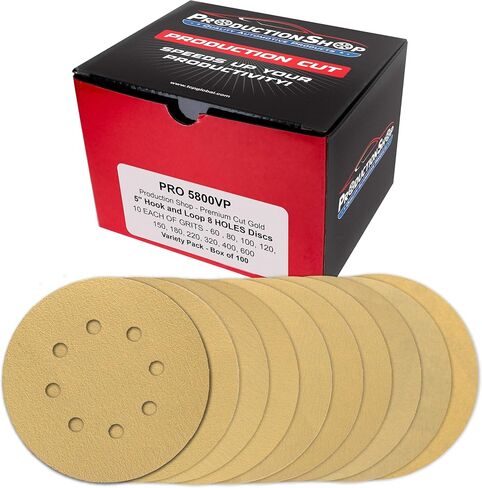 ProductionShop Premium 5" Gold Sanding Discs, 8-Hole Pattern, 100 Disc Variety Pack, Grits 60, 80, 100, 120, 150, 180, 220, 320, 400, 600 - Heavy-Duty Hook & Loop Sandpaper, DA, Random Orbital Sander in Saudi Arabia