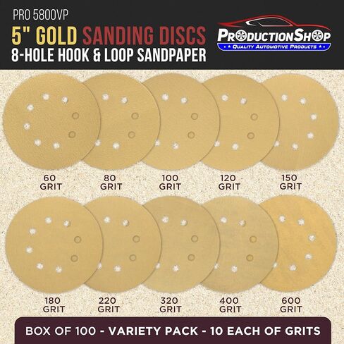 ProductionShop Premium 5" Gold Sanding Discs, 8-Hole Pattern, 100 Disc Variety Pack, Grits 60, 80, 100, 120, 150, 180, 220, 320, 400, 600 - Heavy-Duty Hook & Loop Sandpaper, DA, Random Orbital Sander in Saudi Arabia