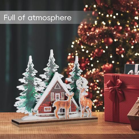 Luminous Christmas Decorations Indoor,Christmas Centerpiece Among Christmas Village Sets,Wooden Christmas House w Mini Christmas Trees,X-mas Tabletop House Ornament Tiered Tray Decor in Saudi Arabia