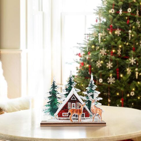 Luminous Christmas Decorations Indoor,Christmas Centerpiece Among Christmas Village Sets,Wooden Christmas House w Mini Christmas Trees,X-mas Tabletop House Ornament Tiered Tray Decor in Saudi Arabia
