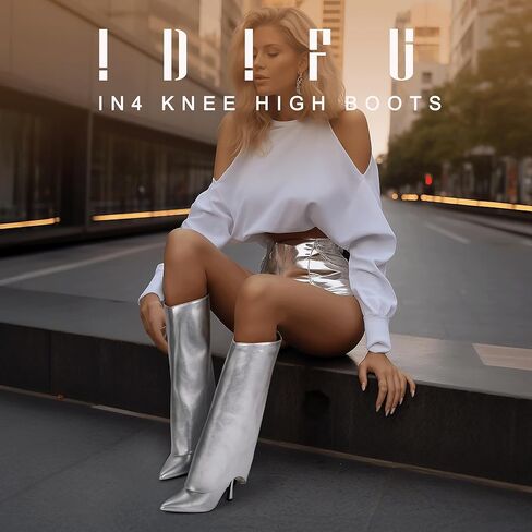 IDIFU المرأة أحذية عالية في الركبة أضعاف فوق خنجر الكعب العالي وأشار اصبع القدم أحذية طويلة الخريف مريحة لطيف أزياء أنيقة مثير أحذية عصرية حزب الرقص نادي أحذية طويلة الجانب سستة الأحذية للنساء in Kuwait