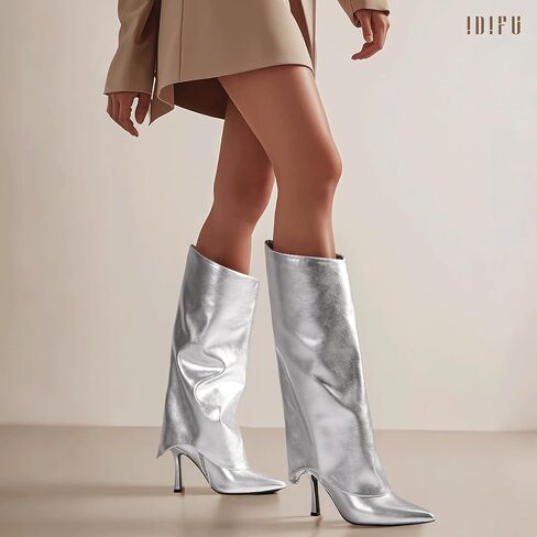 IDIFU المرأة أحذية عالية في الركبة أضعاف فوق خنجر الكعب العالي وأشار اصبع القدم أحذية طويلة الخريف مريحة لطيف أزياء أنيقة مثير أحذية عصرية حزب الرقص نادي أحذية طويلة الجانب سستة الأحذية للنساء in Kuwait