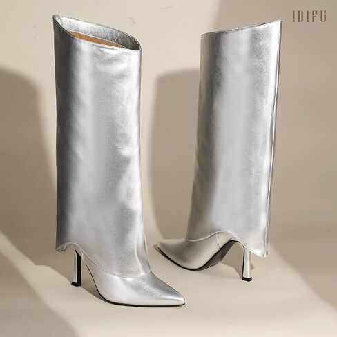 IDIFU المرأة أحذية عالية في الركبة أضعاف فوق خنجر الكعب العالي وأشار اصبع القدم أحذية طويلة الخريف مريحة لطيف أزياء أنيقة مثير أحذية عصرية حزب الرقص نادي أحذية طويلة الجانب سستة الأحذية للنساء in Kuwait