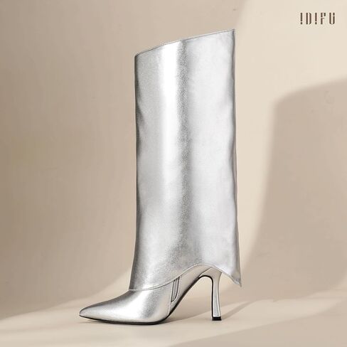 IDIFU المرأة أحذية عالية في الركبة أضعاف فوق خنجر الكعب العالي وأشار اصبع القدم أحذية طويلة الخريف مريحة لطيف أزياء أنيقة مثير أحذية عصرية حزب الرقص نادي أحذية طويلة الجانب سستة الأحذية للنساء in Kuwait