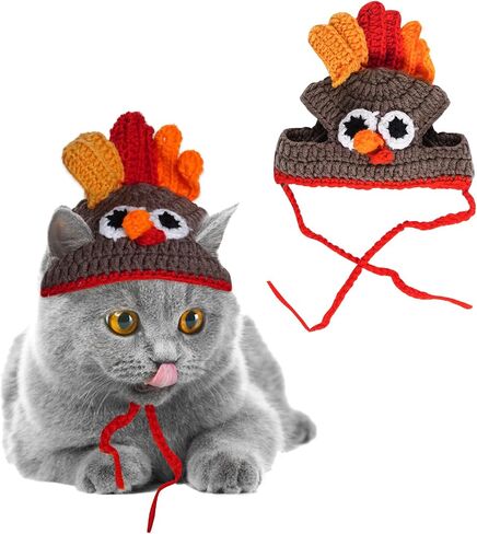 Cat Turkey Hat Pet Costume Knitted Cap Crochet Hat for Small Dog Kittens for Thanksgiving Halloween Party (Brown) in Kuwait