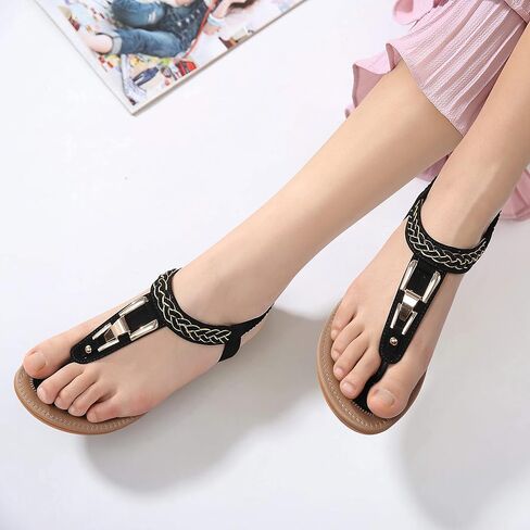 صندل نسائي صيفي أنيق من SHIBEVER حذاء مسطح أسود 10.5 in Kuwait