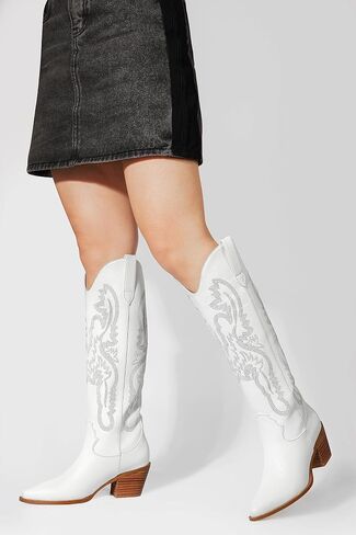 Ouepiano Cowboy Boots for Women Knee High Boots Embroidered Metallic Western Tall Long Cowgirl Boot Pointed Toe Chunky Heel Pull On in Saudi Arabia